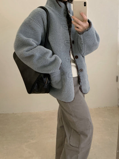 // 可雙面穿羊羔毛拼格紋外套