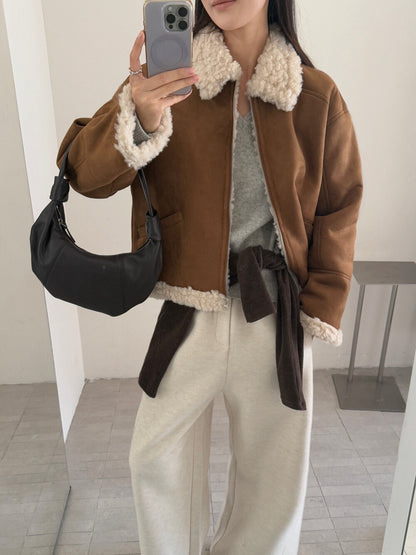 // 帥氣皮毛一體卷毛翻領外套