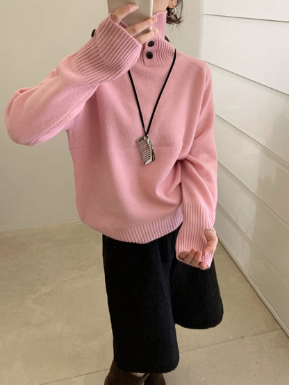 // 100%綿羊毛鈕扣可立領+設計感袖口毛衣