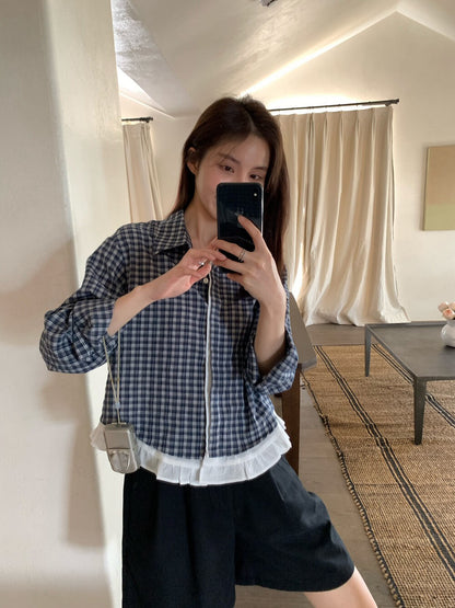 // 拼接花邊腳翻領格仔恤衫