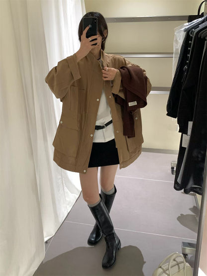 // 小立領口袋中長工裝洗水棉外套