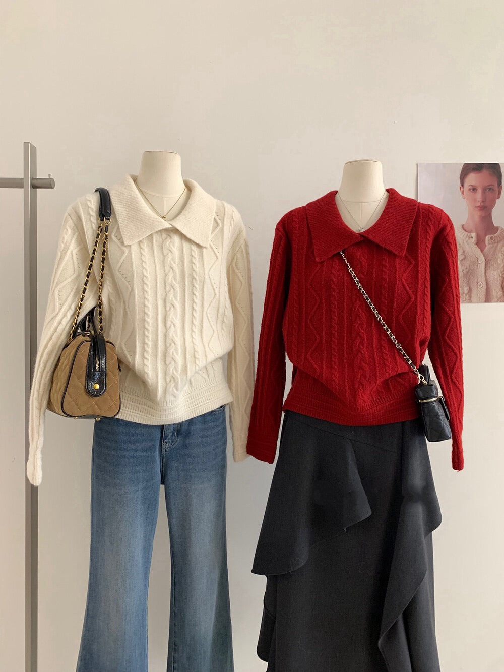 // 簡約麻花翻領毛衣