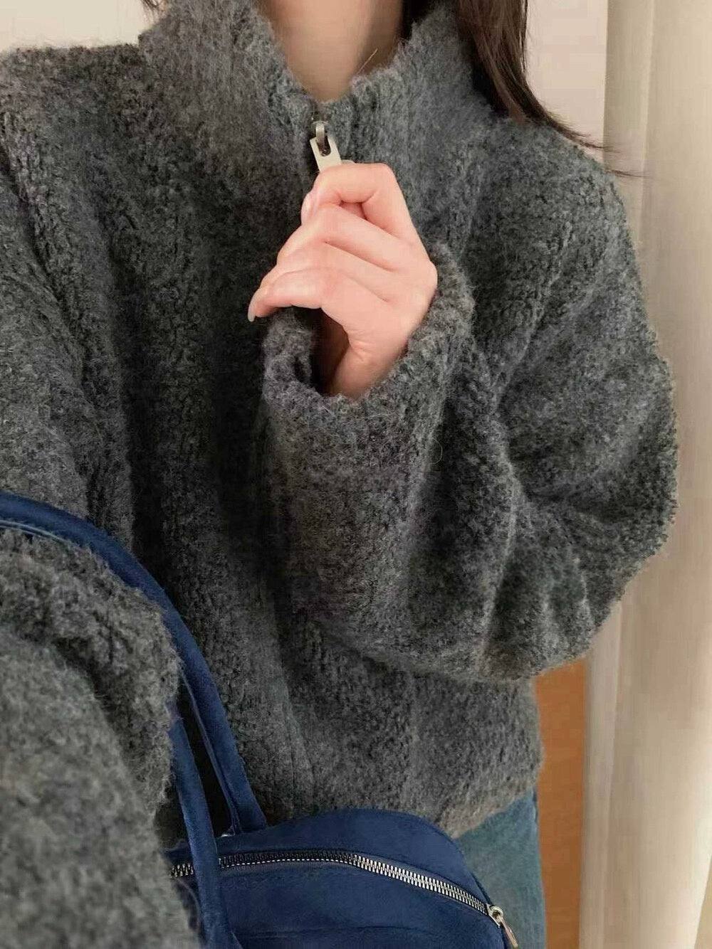 // 30%綿羊毛圈圈毛質感半領拉鍊CD