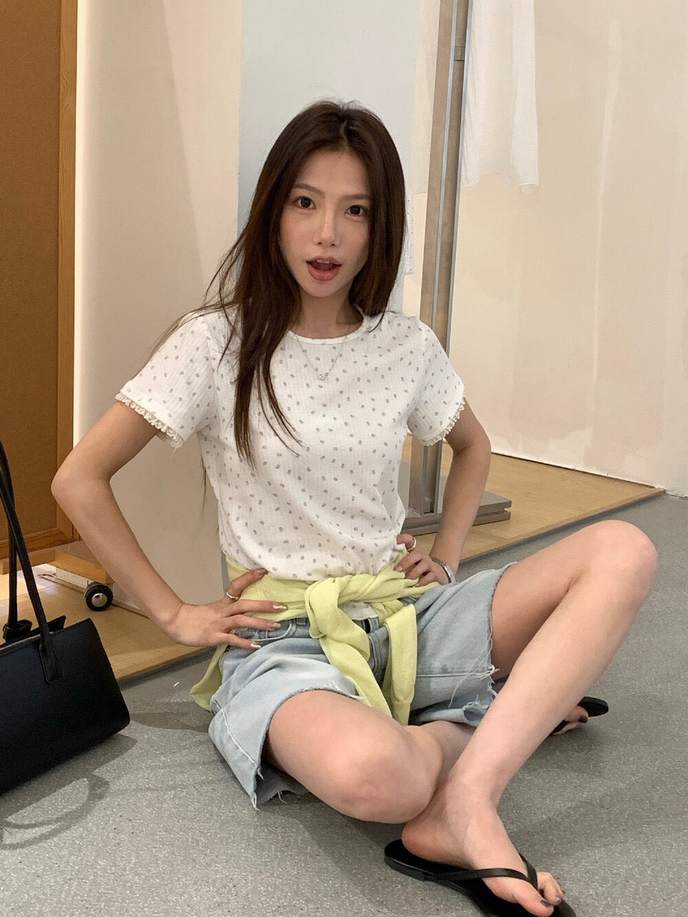 // 清新小碎花lace邊TEE