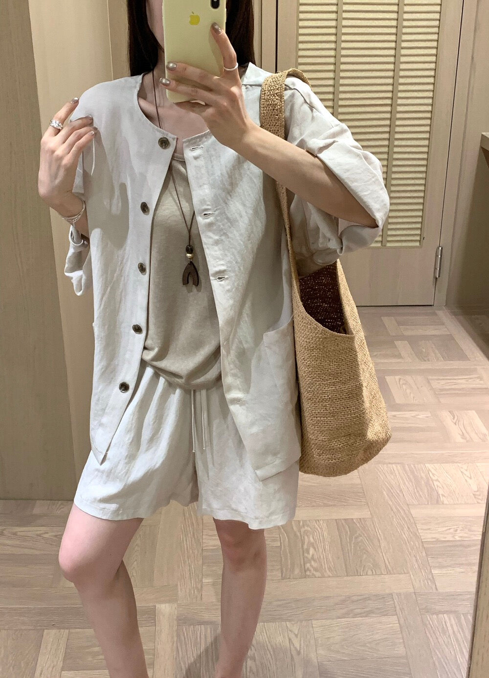 S25 / 輕薄棉麻反褶袖開胸上衣+背心+短褲三件套