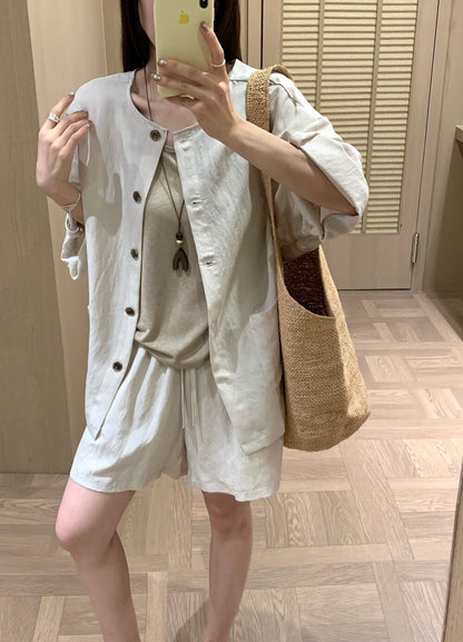 S25 / 輕薄棉麻反褶袖開胸上衣+背心+短褲三件套