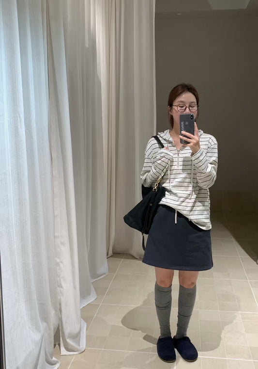 // 慵懶感連帽間條棉質上衣