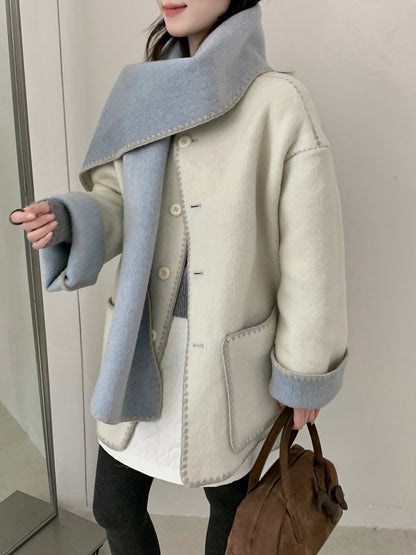 // 可雙面穿撞色縫邊70%羊毛外套(連頸巾)
