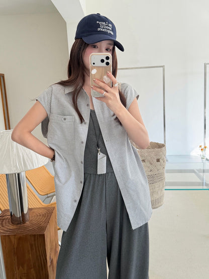 S43 / 休閒風間條小飛袖恤衫+吊帶+舒服褲三件套