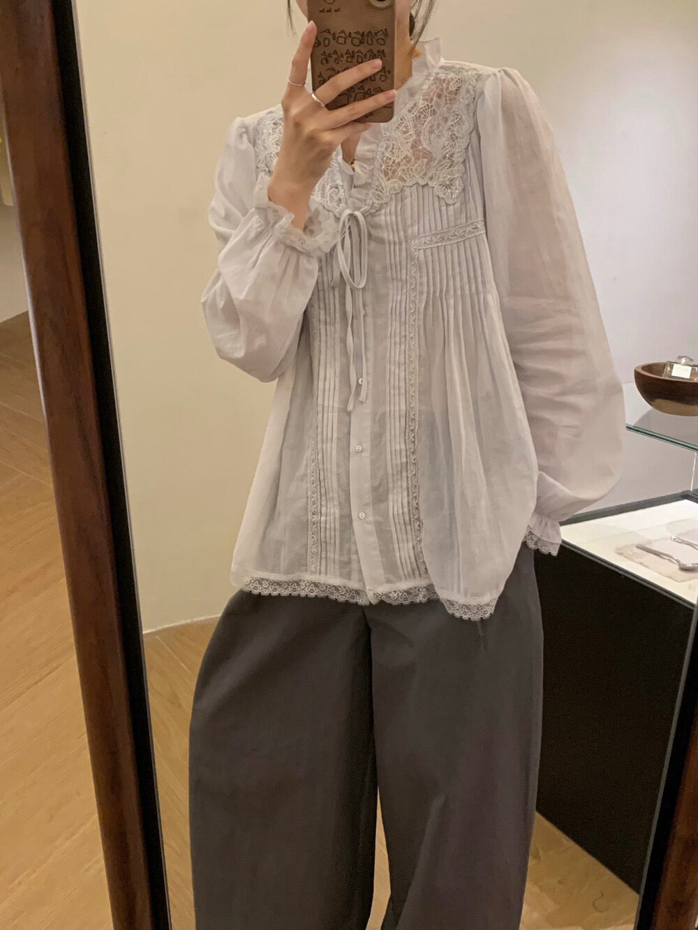 B06 / 復古拼接lace壓褶綁帶BL