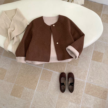 // 100%羊毛馬卡龍色系圓領短款手工外套(連三角巾)