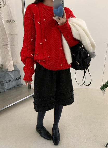 // 5%wool心心刺繡麻花毛衣