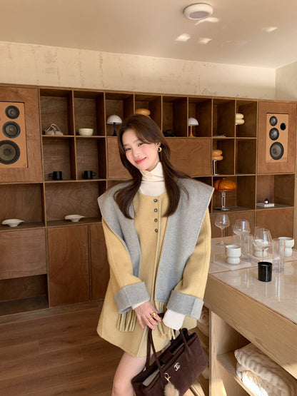 // 100%羊毛簡約高級感三粒鈕中長手工外套(連連帽頸巾)