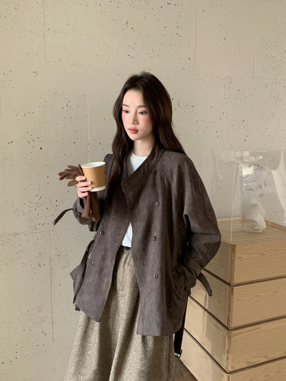 // 小立領雙排扣麂皮絨外套