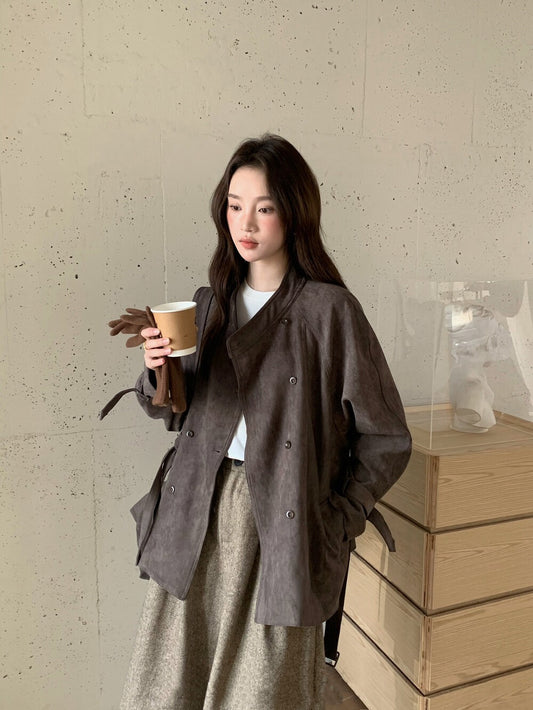 // 小立領雙排扣麂皮絨外套