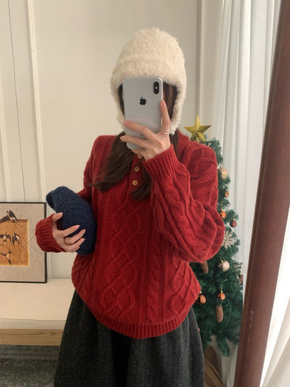 // 100%羊毛鈕扣翻領麻花毛衣