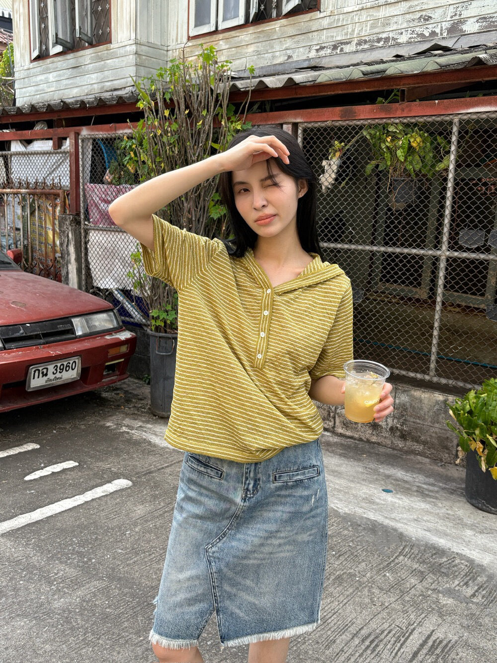 🧸 麻質混紋連帽間條針織上衣