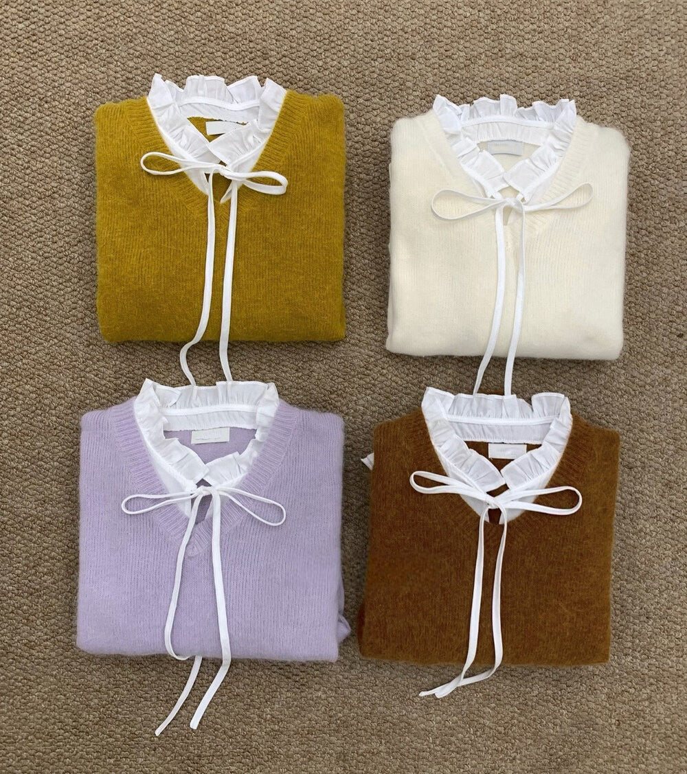 // 拼接花邊綁帶領假兩件毛衣