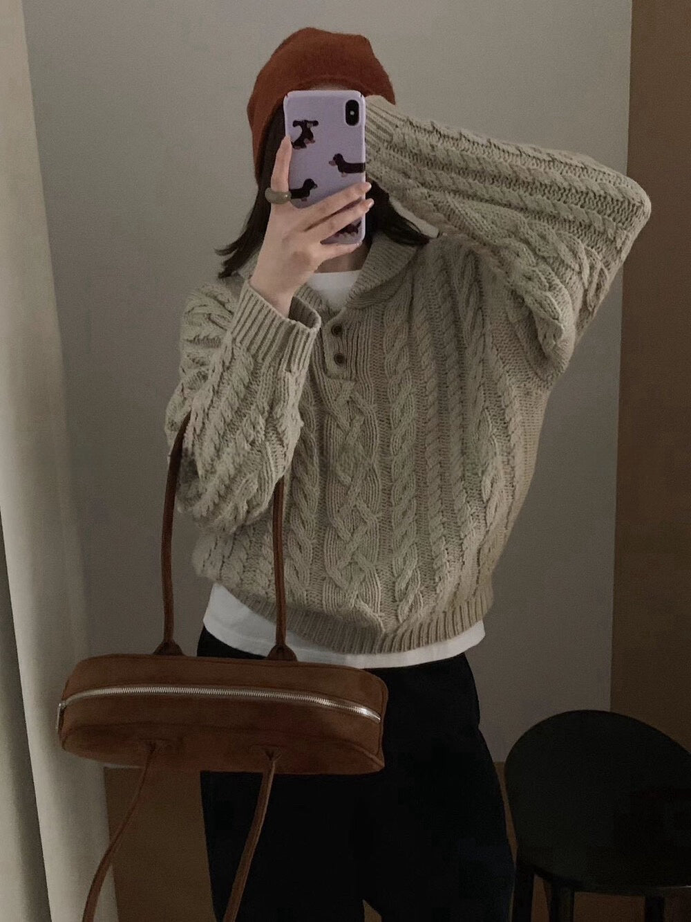 // 30%羊毛紋理感麻花鈕扣翻領毛衣