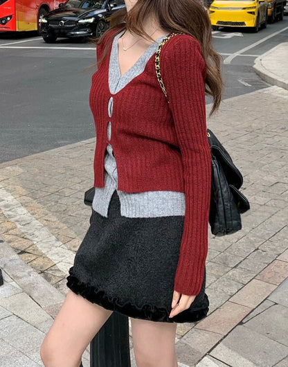 // 超顯瘦撞色假兩件針織上衣