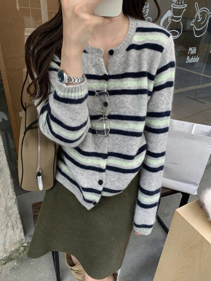 C79 / 軟糯感間條圓領針織外套(7%WOOL)