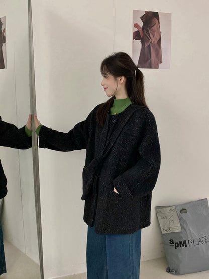 // 100%wool圓領大袋雙面毛呢外套(連袋仔)