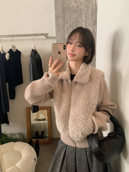 // 設計感毛毛翻領拼接織紋拉鍊外套