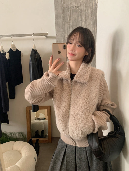 // 設計感毛毛翻領拼接織紋拉鍊外套