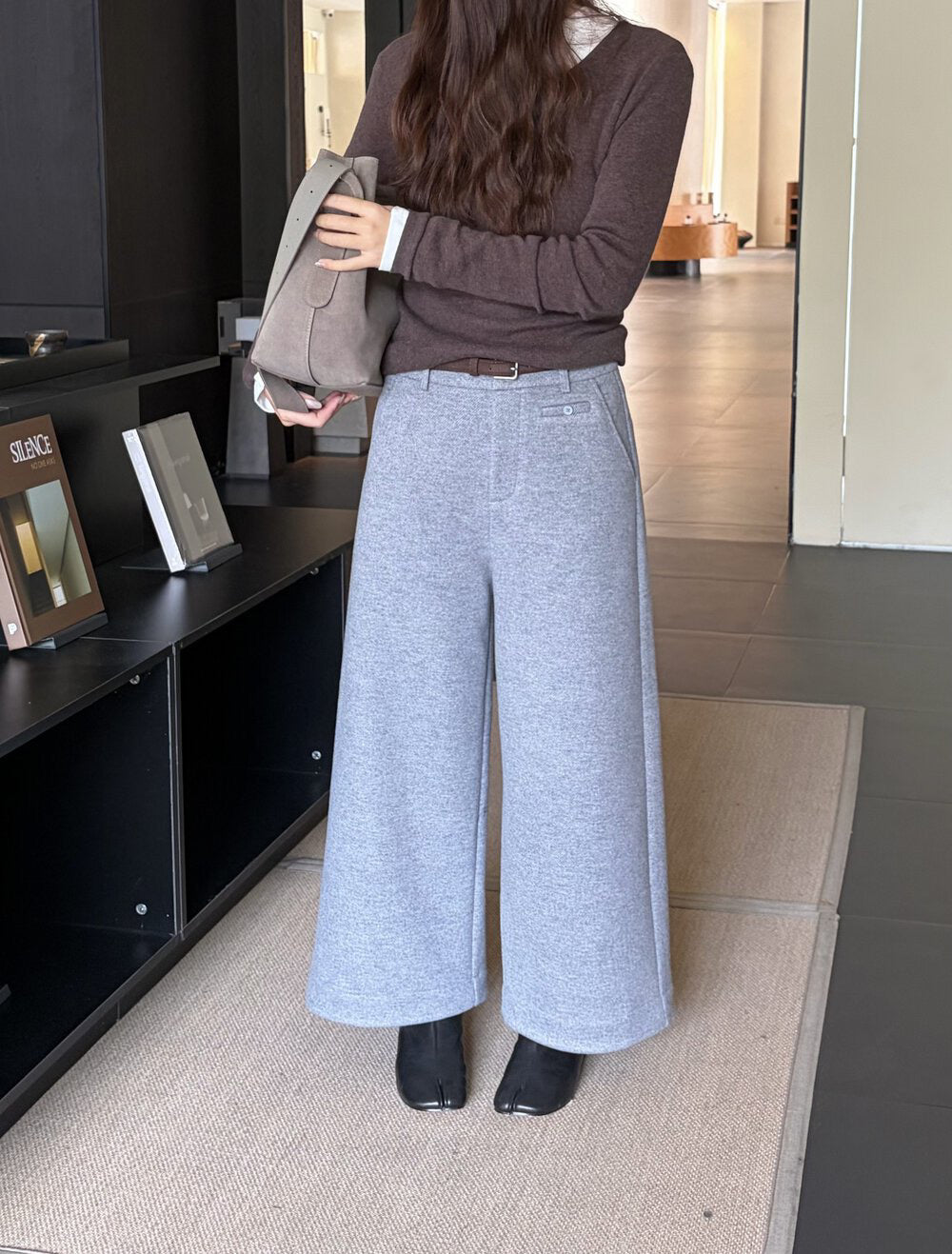 // 小口袋裝飾加絨直腳混羊毛呢褲(連腰帶)