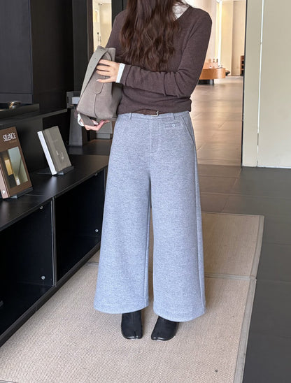 // 小口袋裝飾加絨直腳混羊毛呢褲(連腰帶)