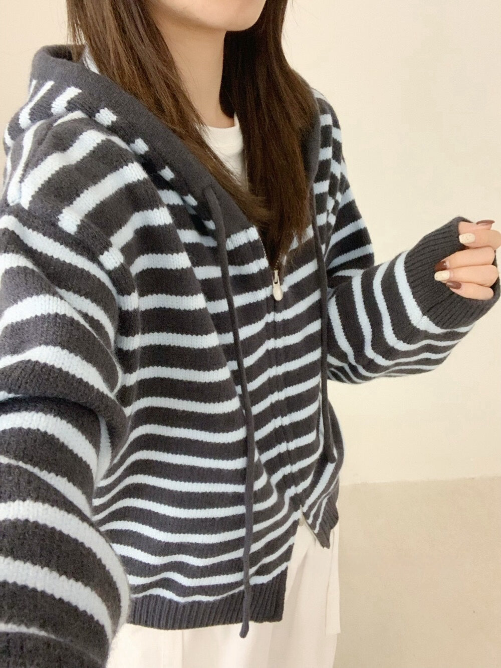 // 鬆弛感上下拉鍊連帽間條CD