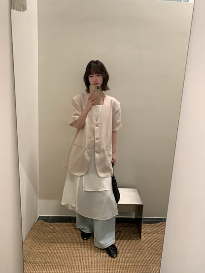 // 天絲麻短袖口袋V領西裝外套
