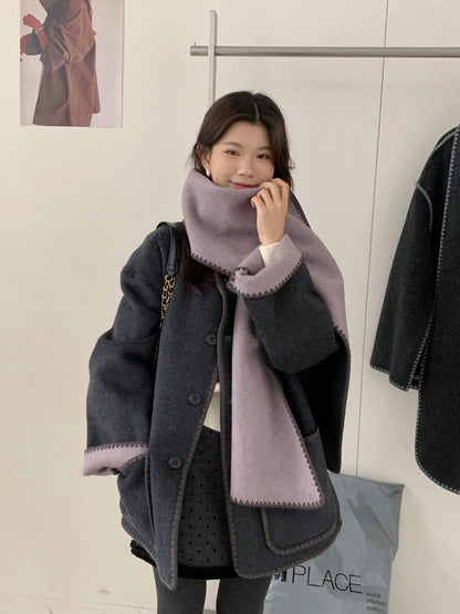 // 可雙面穿撞色縫邊70%羊毛外套(連頸巾)