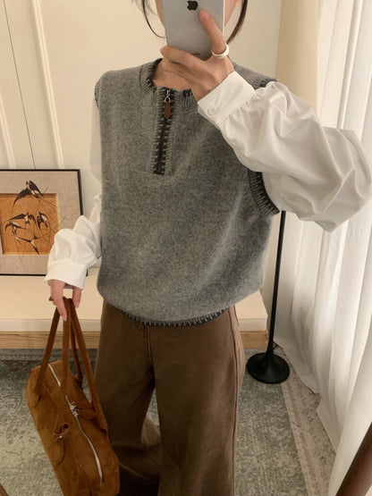 // 柔軟撞色邊拼恤衫袖假兩件上衣