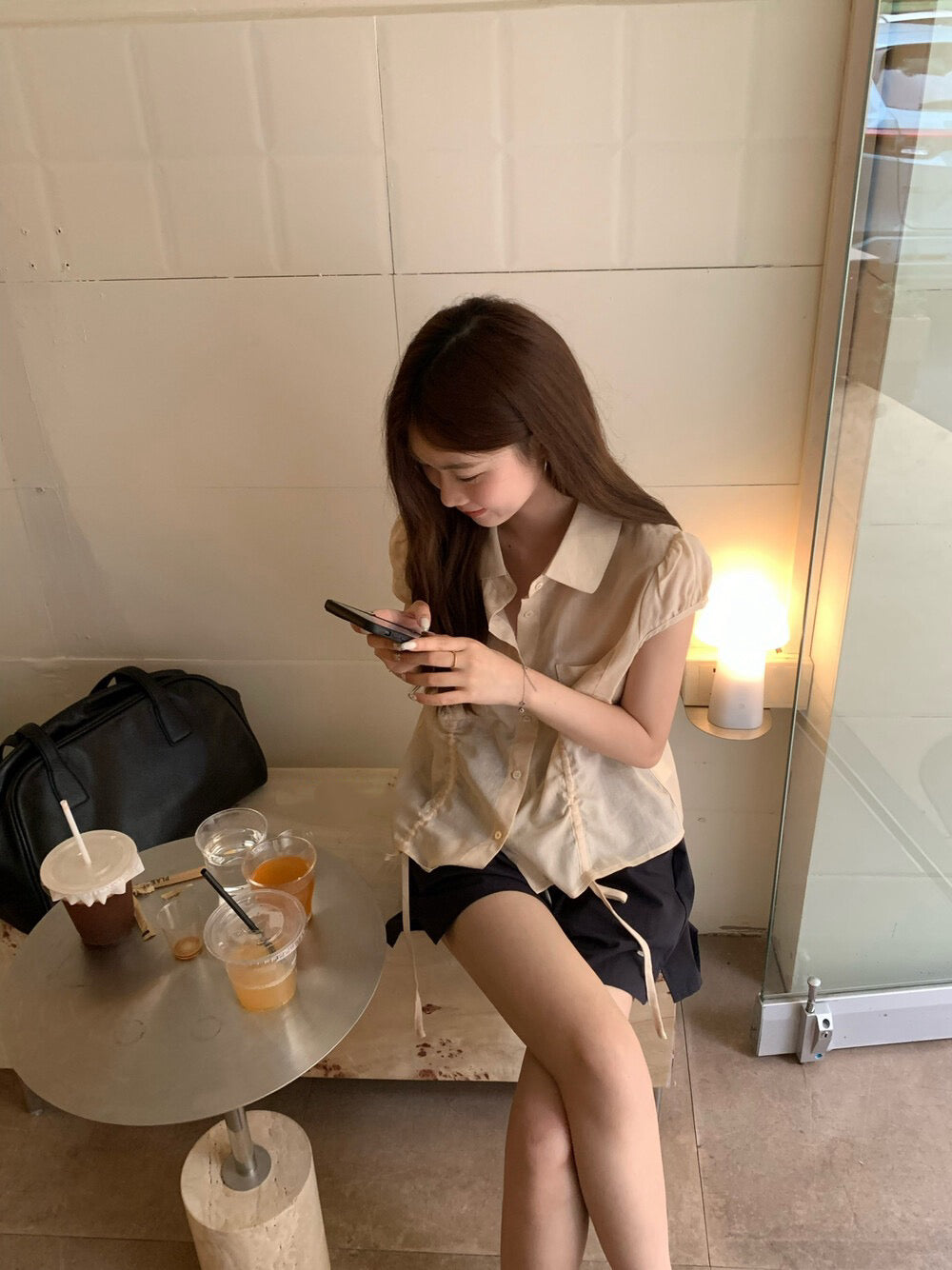 // lyocell麻兩邊抽繩小短袖口袋BL