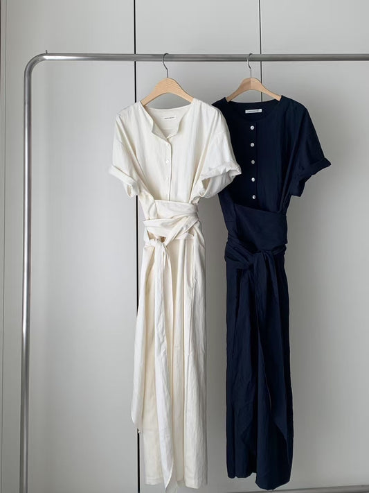 (現貨) 設計師款 // 綁帶腰半排扣短袖OPS