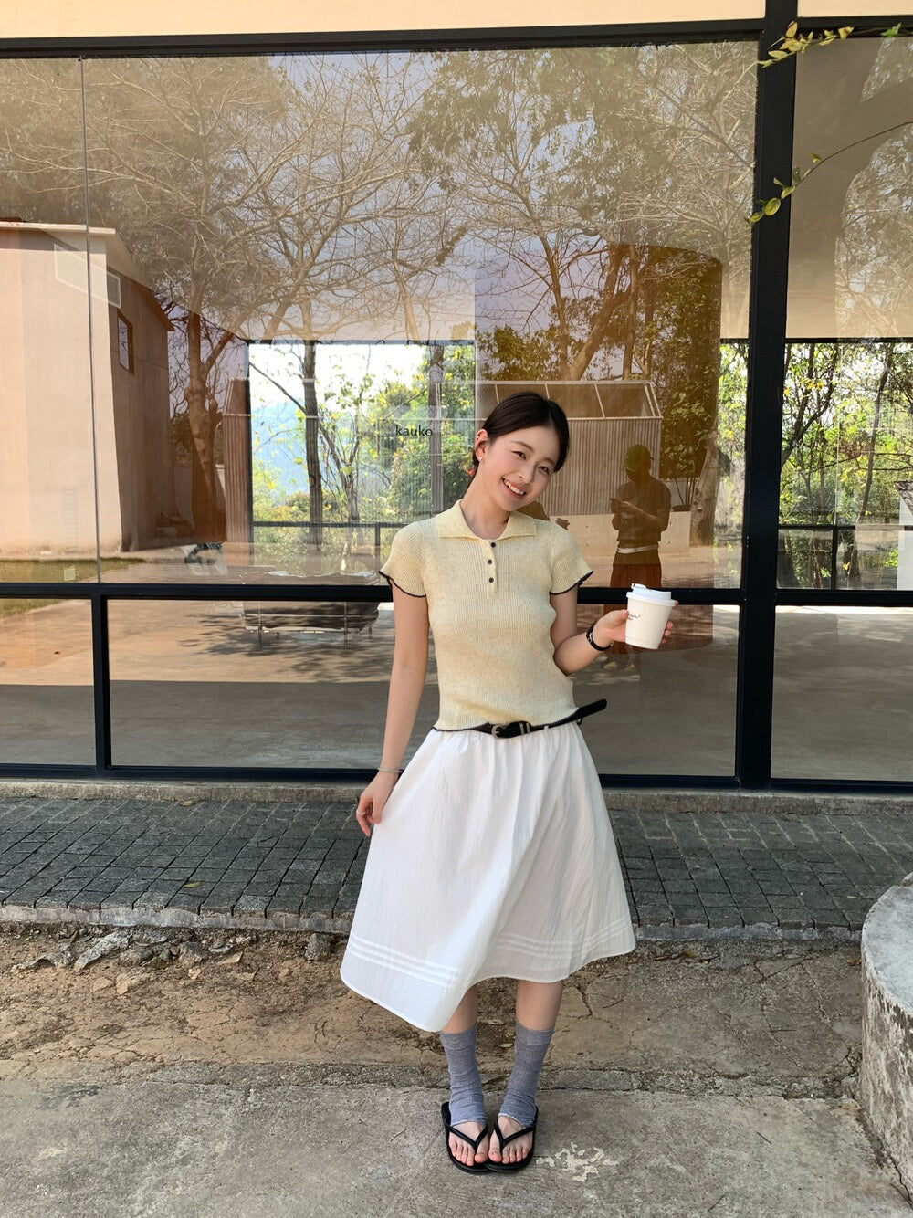 // 壓褶details裙腳五分傘裙(連腰帶)