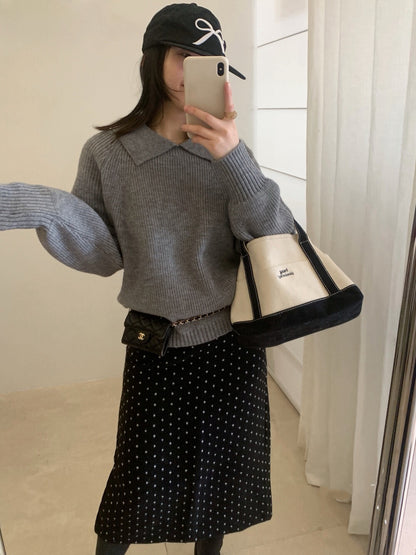 // 部分撞色翻領插肩毛衣