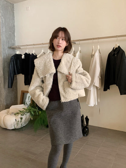// 氣質大翻領毛毛短款外套