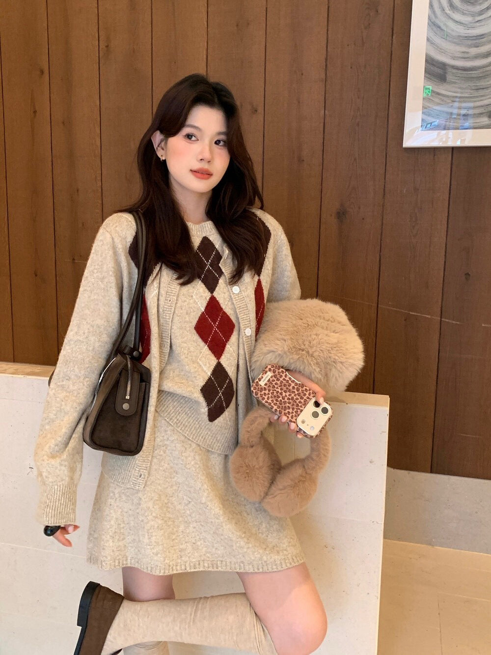 // 超氣質菱格紋背心+外套+短裙三件套