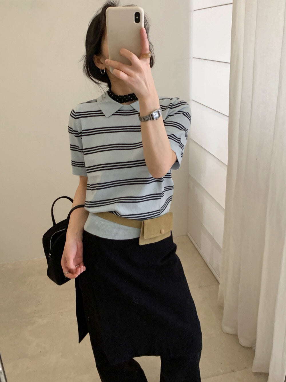 // Miu風翻領間條短袖NT