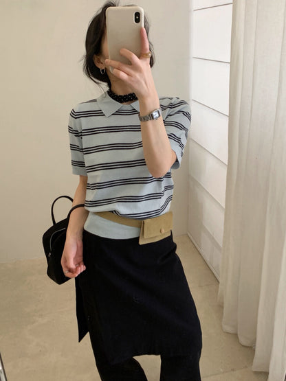 // Miu風翻領間條短袖NT