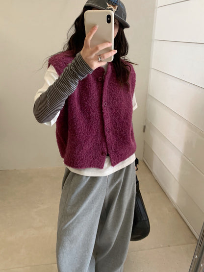 // 可愛感圈圈毛鈕扣背心馬甲￼