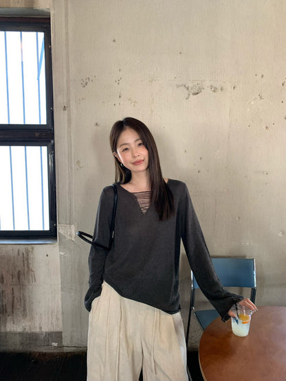 // 慵懶感V領微喇叭袖針織上衣