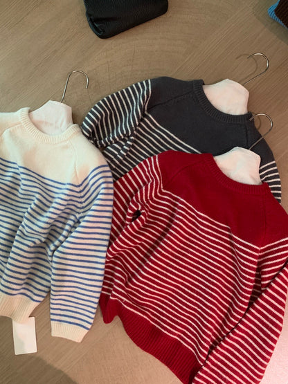 // 簡約圓領間條圓領毛衣