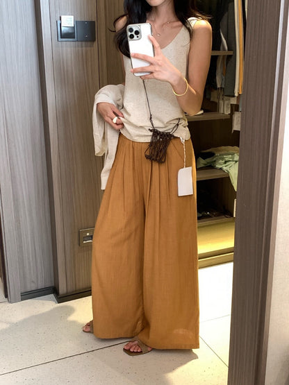 // 麻質混竹節棉顯瘦壓褶闊褲