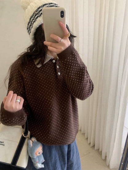 // 100%綿羊毛小心心點點撞色翻領NT