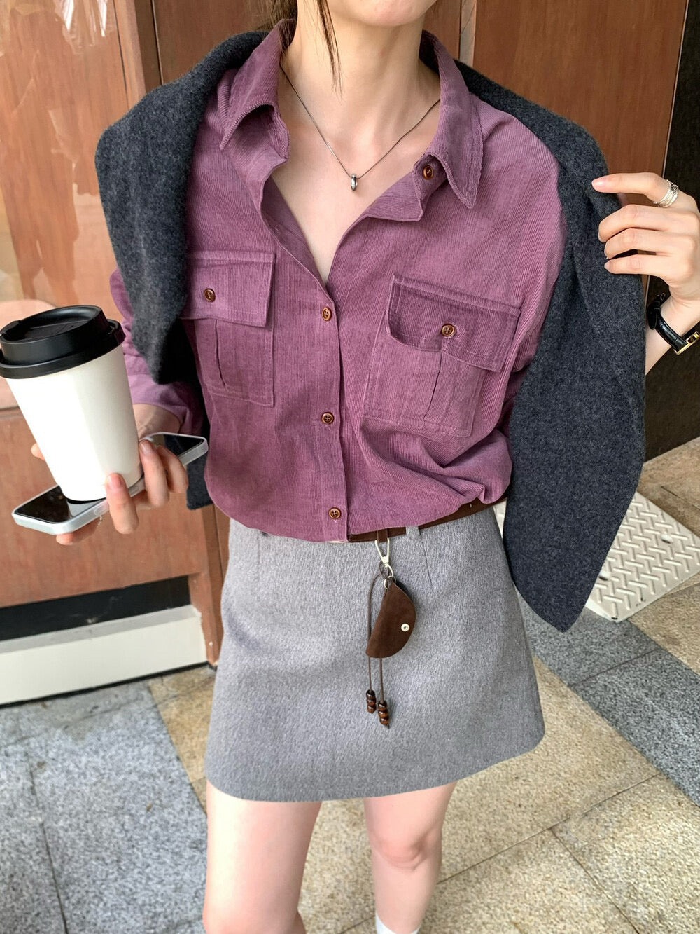 // 霧面感燈芯絨雙口袋SH