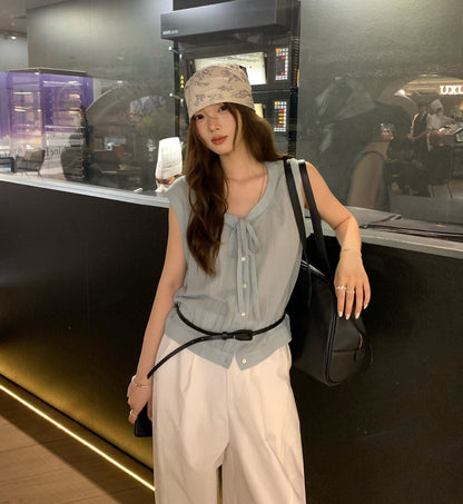 // 親膚lyocell綁帶排扣背心