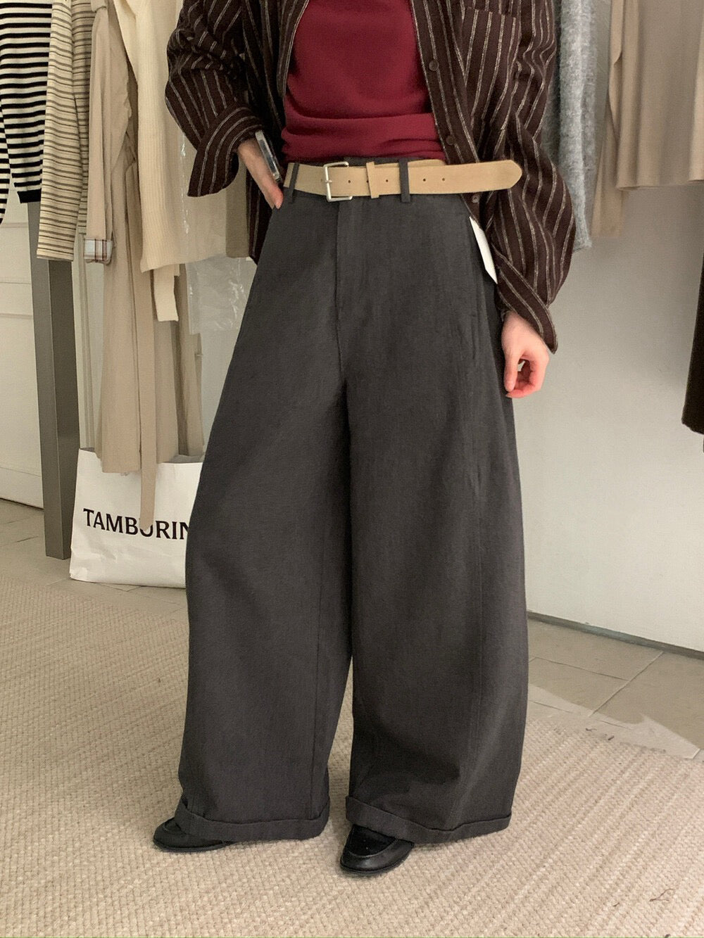 // 大熱鬆弛感加絨彎刀褲(連腰帶)